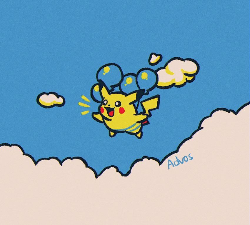 ambiguous_gender attached_to_balloon balloon balloon_support cloud feral flying fur hanging_from_balloon inflatable inflatable_support open_mouth outside sky smile solo text yellow_body yellow_fur advos nintendo pokemon generation_1_pokemon mammal pikachu pokemon_(species) rodent artist_name digital_media_(artwork) hi_res