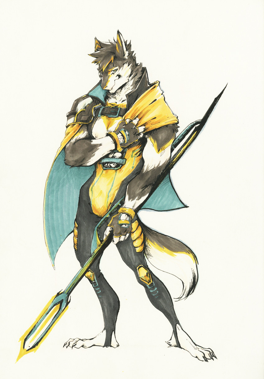 anthro black_body black_fur blue_cape blue_clothing blue_eyes cape clothing fur glowing_weapon holding_melee_weapon holding_object holding_polearm holding_spear holding_weapon male melee_weapon multicolored_body multicolored_fur plantigrade polearm pupils simple_background slit_pupils solo spear tail weapon white_background white_body white_fur yellow_body yellow_fur unknown_artist vortiganshine canid canine canis mammal wolf absurd_res hi_res