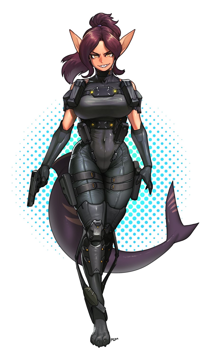 anthro armor big_breasts breasts brown_hair clothing eyebrows eyelashes female gloves gun gun_holster hair handgun handwear humanoid_face looking_at_viewer navel_outline pistol ponytail ranged_weapon shark_tail smile solo tan_body weapon yellow_eyes pgm300 fish humanoid hybrid marine shark 2024 absurd_res hi_res