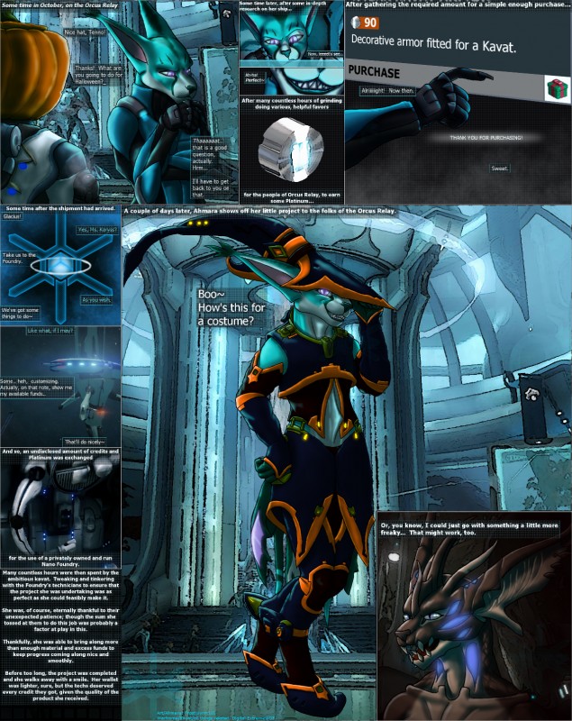 ambiguous_gender anthro bioluminescence clothed clothing costume dialogue female food fruit fur glowing holidays multicolored_body multicolored_fur plant pumpkin space text frostwyrm102 digital_extremes halloween tencent warframe ahmara_karyss frost_(warframe) alien felid kavat mammal tenno 2016 comic english_text hi_res