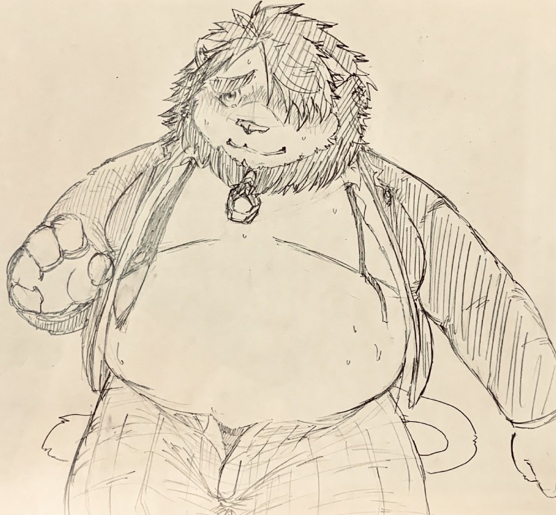 anthro beard belly blush bottomwear clothed clothing facial_hair humanoid_hands male necktie open_clothing open_shirt open_topwear overweight overweight_anthro overweight_male pants shirt simple_background solo topwear kogiinu lifewonders tokyo_afterschool_summoners oz_(tas) felid lion mammal pantherine 2019 hi_res