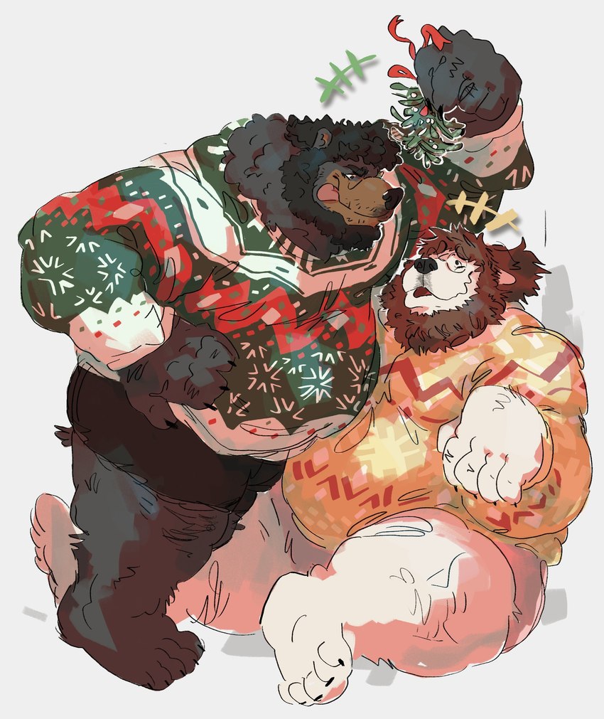 anthro beard belly black_body black_fur black_hair christmas_clothing christmas_sweater christmas_topwear clothing duo eye_contact eyewear facial_hair fluffy fur glasses hair holding_mistletoe holidays looking_at_another male male/male mistletoe overweight overweight_anthro overweight_male plant sitting standing_over sweater tongue tongue_out topwear underwear white_body white_fur chuchowriggle christmas pea_soup steve_jovonovich bear black_bear mammal polar_bear ursine 2023 hi_res