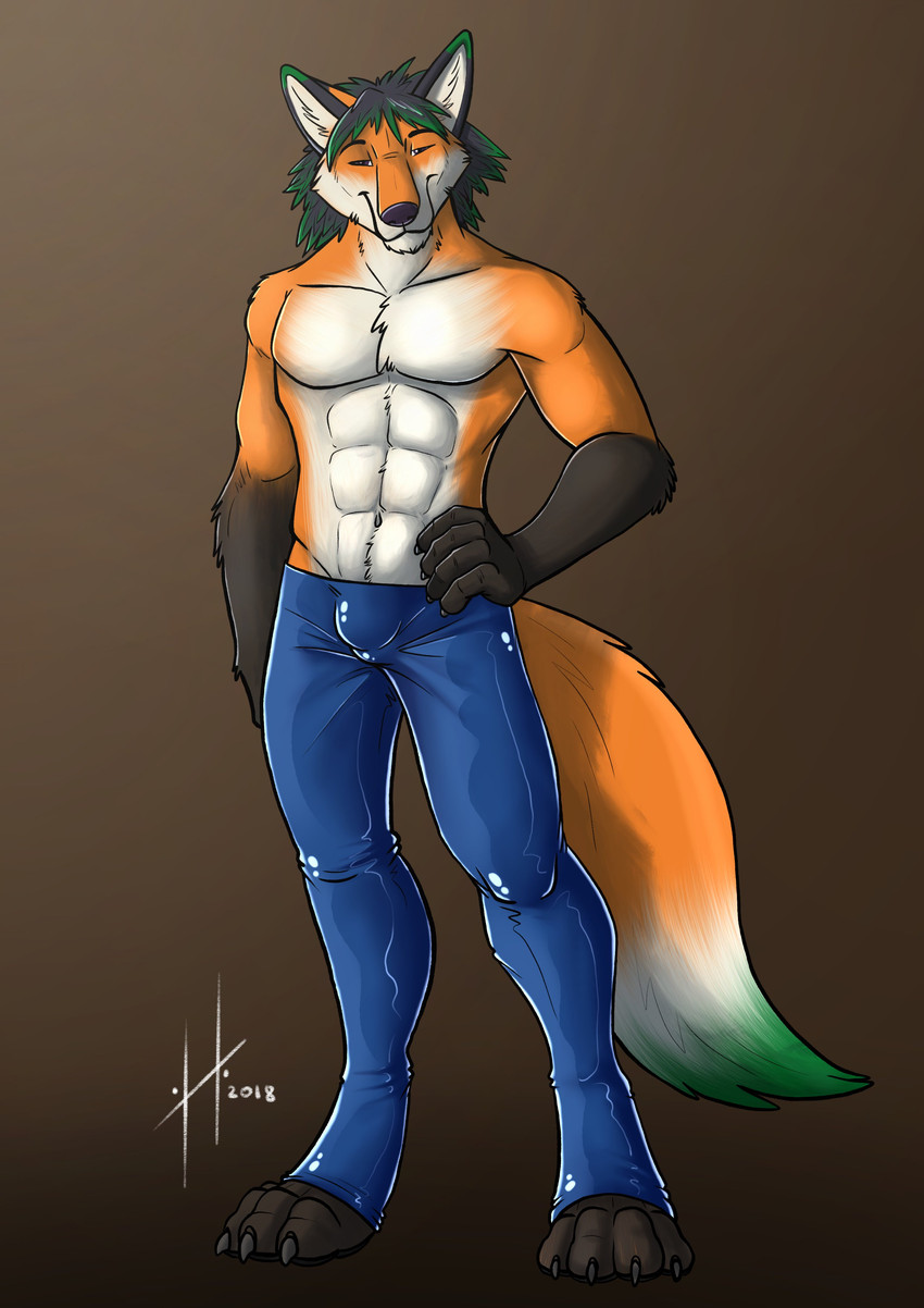 abs anthro barefoot black_hair black_nose blue_bottomwear blue_clothing blue_pants bottomwear brown_background bulge clothed clothing dipstick_tail feet front_view fur gloves_(marking) green_hair green_tail hair looking_at_viewer male male_anthro markings mouth_closed multicolored_hair muscular muscular_anthro muscular_male narrowed_eyes orange_body orange_fur orange_tail pants pecs purple_eyes simple_background solo standing tail tail_markings topless two_tone_hair white_body white_fur white_tail hufnaar canid canine fox mammal 2018 absurd_res dated full-length_portrait hi_res portrait