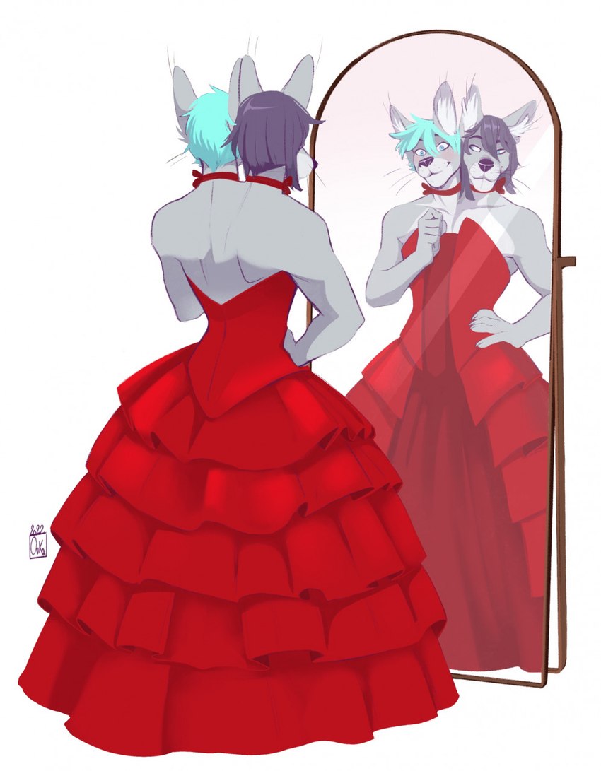 2_heads anthro clothing conjoined dress femboy male multi_head solo oukaarts damien_and_camille canid canine canis mammal wolf hi_res trans_(lore) trans_woman_(lore)