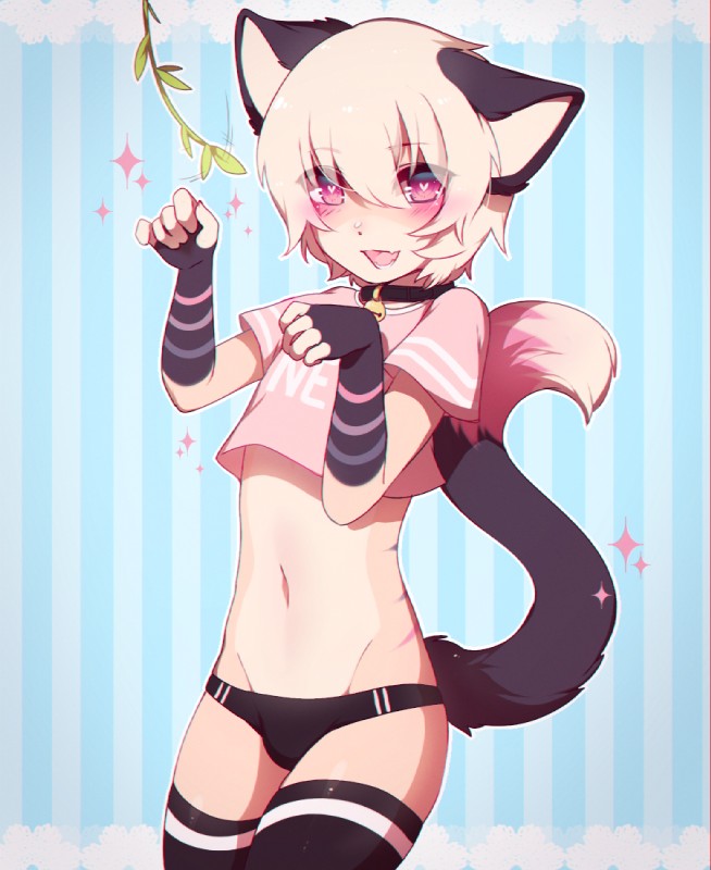 anthro bulge clothed clothing collar crossdressing femboy heart_eyes heart_symbol legwear looking_at_viewer male midriff navel panties solo stockings underwear young oncha animal_humanoid felid feline humanoid mammal mammal_humanoid 2018 digital_media_(artwork)