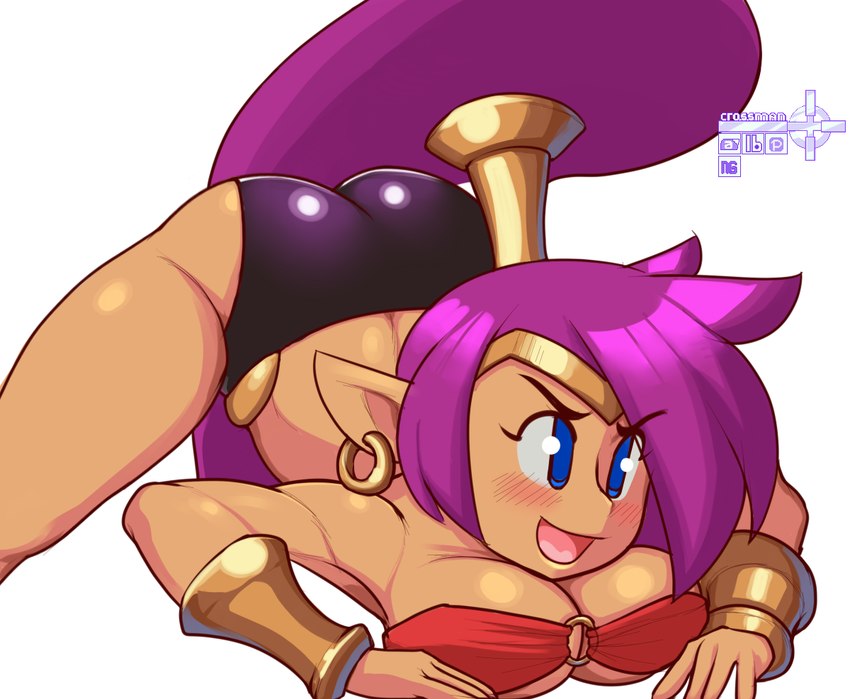 ass_up bandeau big_breasts blue_eyes breasts butt clothed clothing ear_piercing female hair humanoid_pointy_ears jack-o'_pose long_hair not_furry open_mouth piercing pointy_ears ponytail pose purple_hair smile solo topwear crossman shantae_(series) wayforward shantae genie humanoid mammal