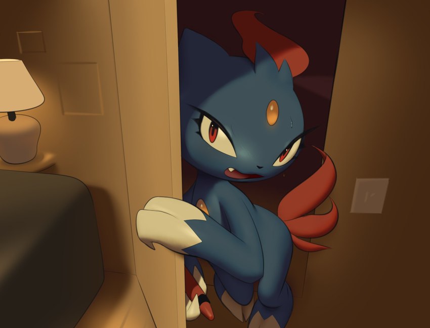 ambiguous_gender bed bedroom bodily_fluids claws crayon feral furniture lamp lightswitch open_mouth opening_door red_eyes solo sweat teeth tongue inkune nintendo pokemon generation_2_pokemon pokemon_(species) sneasel 2023 digital_media_(artwork) hi_res