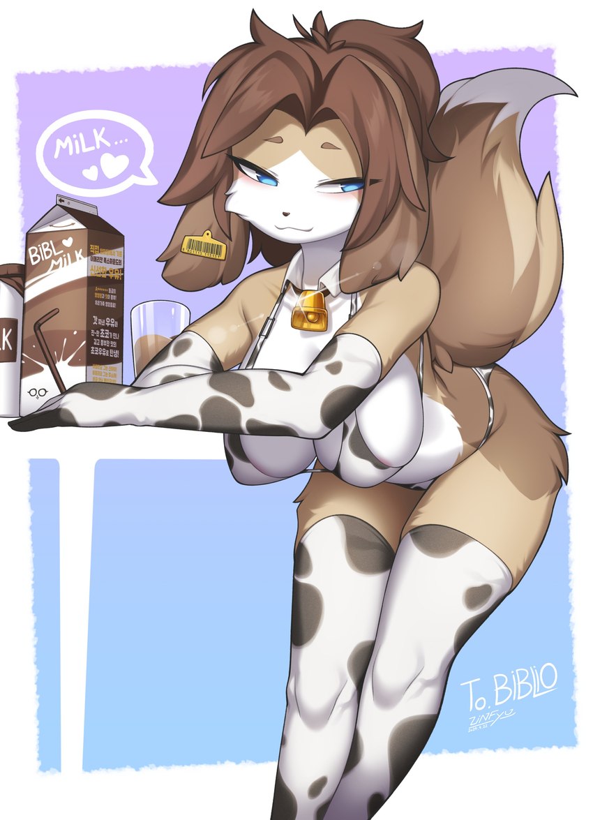 animal_print anthro armwear barely_visible_areola bent_over blue_eyes blush border bra breasts brown_body brown_fur brown_hair brown_tail candy chocolate chocolate_milk clothed clothing countershade_torso countershading cow_print cow_print_armwear cow_print_bra cow_print_panties cowbell dessert ear_piercing ear_tag female fingers flavored_milk food fur glass hair legwear milk milk_carton panties piercing rail solo standing tail thigh_highs underwear white_border zinfyu canid canine canis domestic_dog mammal 2024 absurd_res hi_res