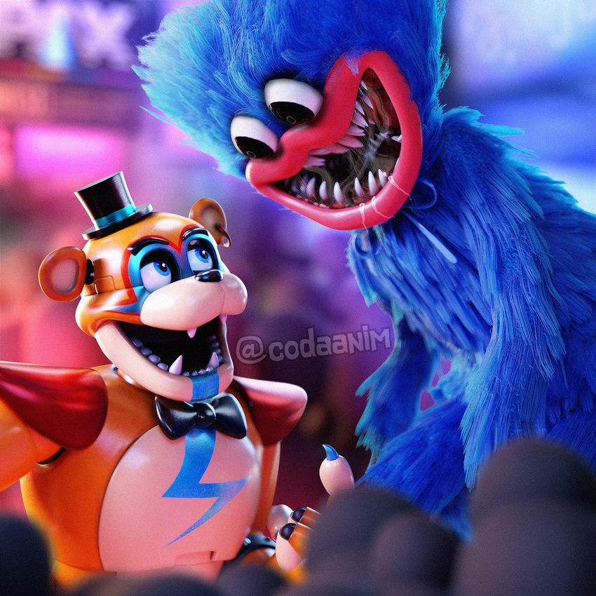 :d anthro big_mouth_(anatomy) black_eyes black_nose blue_body blue_claws blue_eyes blue_fur blurred_background blurred_character blurred_foreground bodily_fluids bodypaint bow_tie bracelet claws clothing crowd drooling duo duo_focus ear_piercing ear_ring earless eye_contact face_paint fangs fur group happy hat headgear headwear inside jewelry lips looking_at_another looking_down looking_up machine male multicolored_body multicolored_ears noseless nude nude_male o_o open_mouth orange_body piercing red_lips ring_piercing rockstar round_ears round_eyes saliva shadow sharp_teeth short_anthro short_male shoulder_guards size_difference smile smiling_at_another smiling_at_each_other spiked_bracelet spikes standing tan_body teeth text thick_lips top_hat toy wide_eyed coda codaanim five_nights_at_freddy's five_nights_at_freddy's:_security_breach mob_entertainment pax_(gaming_festival) poppy_playtime scottgames steel_wool_studios glamrock_freddy huggy_wuggy animate_inanimate animatronic bear furred_monster mammal monster robot wuggy_(poppy_playtime) 1:1 2023 3d_(artwork) absurd_res blender_(artwork) crossover detailed digital_media_(artwork) english_text hi_res signature watermark