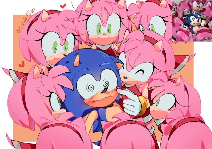 accessory anthro being_watched blue_body blush clothing female gloves group hair_accessory hairband handwear heart_symbol looking_at_another male male/female photo pink_body simple_background smile square_crossover historiaallen sega sonic_surrounded_by_amy_plush_dolls sonic_the_hedgehog_(series) amy_rose sonic_the_hedgehog eulipotyphlan hedgehog mammal meme signature