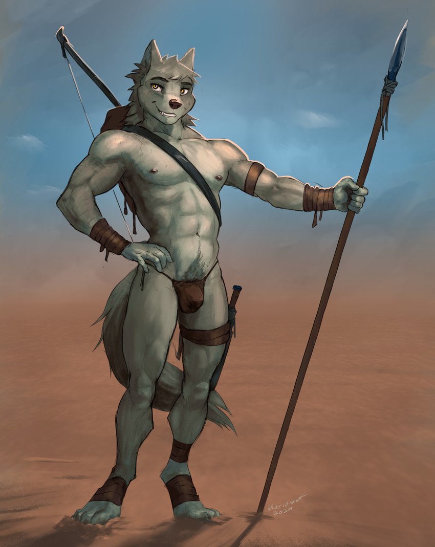 4_toes 5_fingers abs anthro athletic athletic_anthro athletic_male bandolier black_nose bottomwear bow_(weapon) bulge clothed clothed_anthro clothed_male clothing detailed_bulge feet fingers fur grey_body grey_fur hindpaw humanoid_hands loincloth male melee_weapon navel nipples paws pecs polearm pubes ranged_weapon skimpy smile solo spear standing toes topless topless_anthro topless_male tribal weapon marsonaut regorest's_jungle_world canid canine canis mammal wolf 2023 hi_res