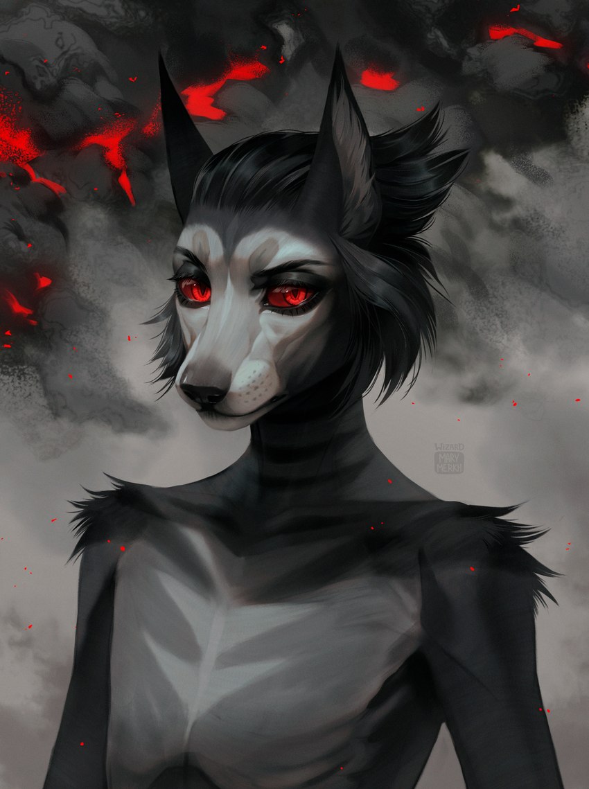 anthro arm_tuft black_body black_eyebrows black_fur black_hair black_nose eyebrows eyelashes front_view fur glistening glistening_eyes grey_body grey_fur hair looking_at_viewer male mouth_closed nude red_eyes red_sclera shoulder_tuft simple_background smoke solo tuft marie_merkh artist_name bust_portrait hi_res portrait