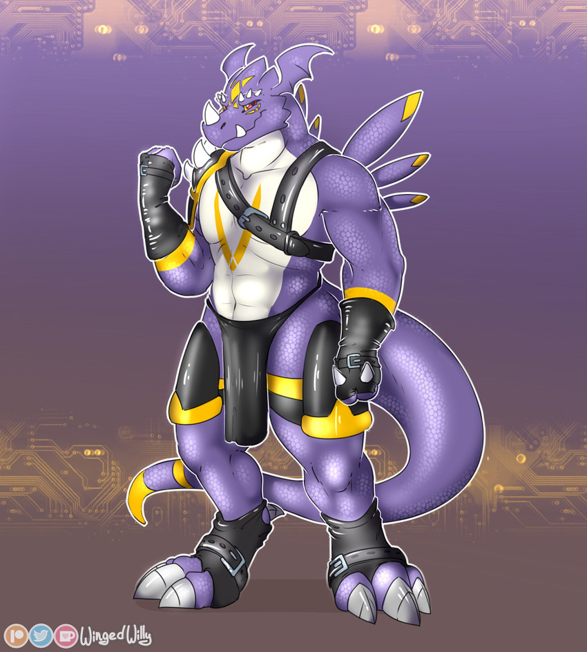 anthro claws clothed clothing electronics horn leather looking_at_viewer male muscular muscular_anthro muscular_male simple_background smile solo symbol tail zero_unit wingedwilly bandai_namco digimon fakemon mythology dragoneer_(character) fan_character digimon_(species) dragon mammal murasadramon mythological_creature mythological_scalie scalie digital_media_(artwork) hi_res