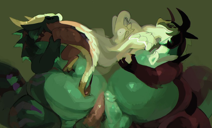 anthro belly big_belly genitals green_background green_body group male male_pred oral_vore penis simple_background soul soul_play soul_stealing soul_vore vore 80sarchosaur mythology dragon mythological_creature mythological_scalie scalie 2021 absurd_res hi_res
