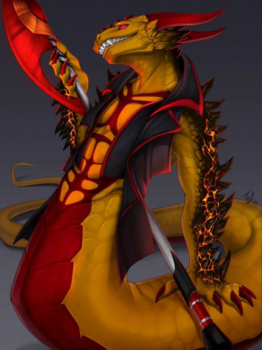 anthro apode bottomless claws clothed clothing gradient_background grey_background holding_object holding_weapon horn jacket jacket_only legless male muscular muscular_anthro muscular_male red_eyes serpentine sharp_teeth simple_background solo split_form teeth topwear topwear_only weapon fefairy mythology draconcopode dragon dragon_naga mythological_creature mythological_scalie naga reptile scalie 2020 3:4 digital_media_(artwork) hi_res signature