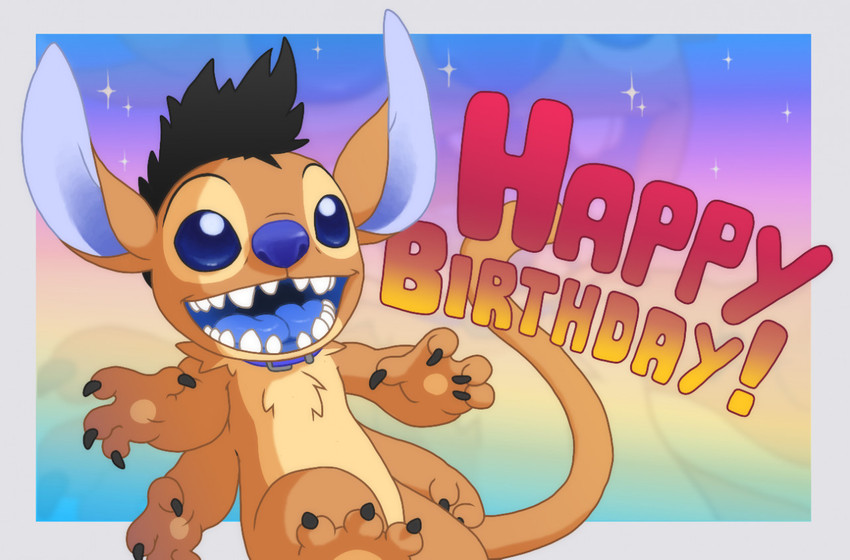 2_tongues 3_toes 4_arms birthday black_claws black_hair blue_eyes blue_inner_ear blue_mouth blue_nose blue_tongue border claws collar collar_only feet fur hair happy_birthday male multi_arm multi_limb multi_tongue nude open_mouth open_smile outside_border rainbow_background semi-anthro simple_background smile solo sparkles tan_body tan_fur teeth text toe_claws toes tongue white_border ribera disney lilo_and_stitch asrael fan_character alien experiment_(lilo_and_stitch) 2021 digital_drawing_(artwork) digital_media_(artwork) english_text