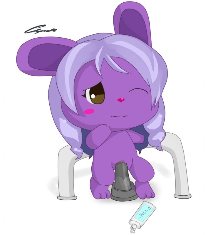 anthro blush brown_eyes chibi clitoris dildo female fur genitals hair lube masturbation on_rail one_eye_closed penetration pink_nose purple_body purple_fur pussy sex_toy simple_background solo toony toying_self vaginal vaginal_masturbation vaginal_penetration white_hair young clyndemoon lagomorph leporid mammal rabbit