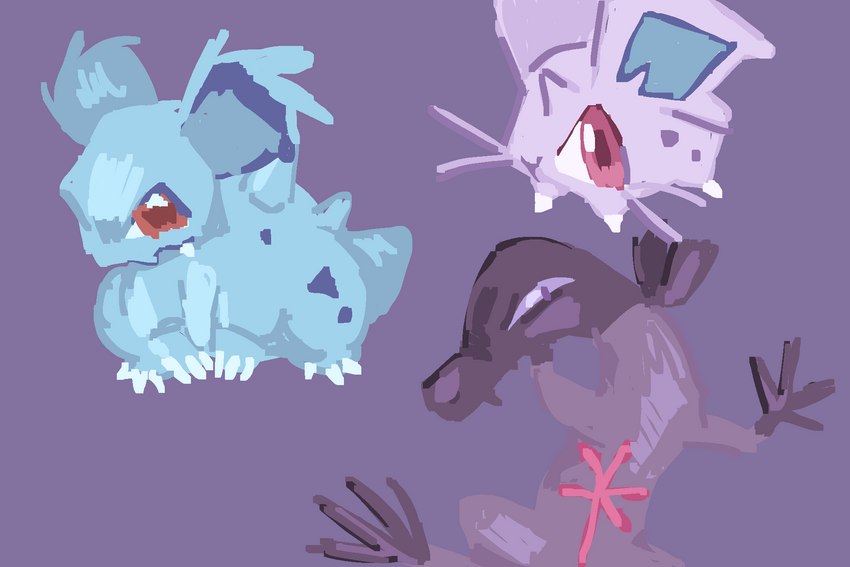 ambiguous_gender female feral group purple_body purple_skin trio yakkotsuki nintendo pokemon generation_1_pokemon generation_7_pokemon nidorina nidorino pokemon_(species) salandit 3:2 hi_res