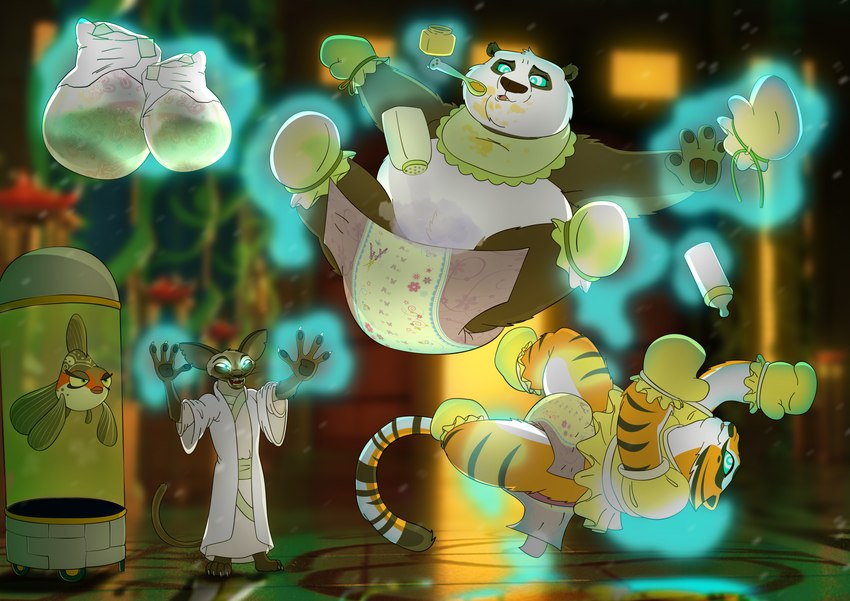 anthro diaper diaper_change female group jade_temple(kung_fu_panda) levitation magic_user male pang_bing_(kung_fu_panda) soiled_diaper unclean_diaper used_diaper leoniro_the_inklion dreamworks kung_fu_panda master_mugan_(kung_fu_panda) master_po_ping master_tigress bear domestic_cat felid feline felis fish giant_panda mammal marine pantherine tiger absurd_res hi_res