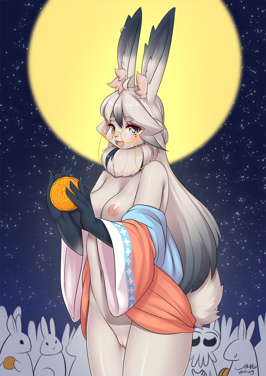 anthro areola blush breasts clothed clothing eyewear female fur genitals glasses hair looking_at_viewer moon mooncake nipples pussy wolflong moon_rabbit lagomorph leporid mammal rabbit 2022 hi_res