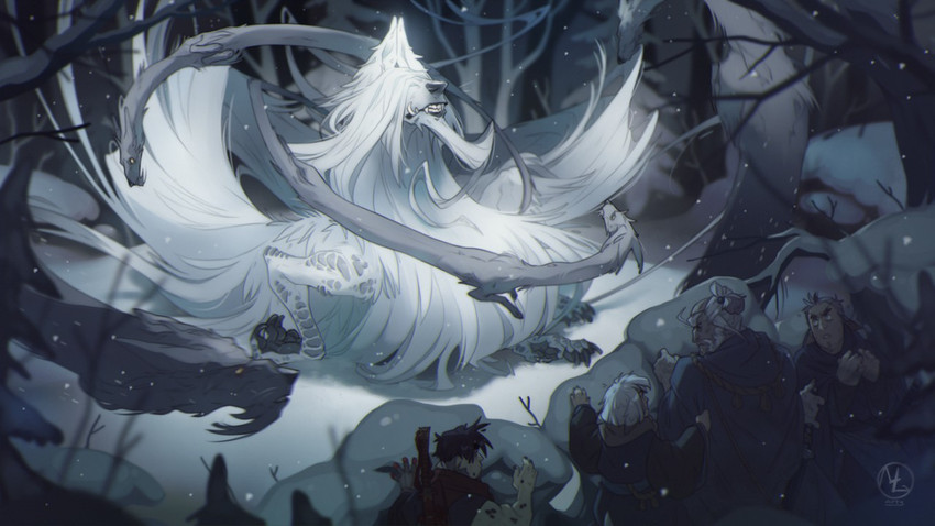 5_fingers ambiguous_gender claws clothed clothing feral fingers forest fur group hair hair_over_eyes hiding long_body long_neck male outside pawpads paws plant scales snow solo_focus standing teeth tree maaty-s animal_humanoid canid canine humanoid mammal unknown_species 16:9 widescreen