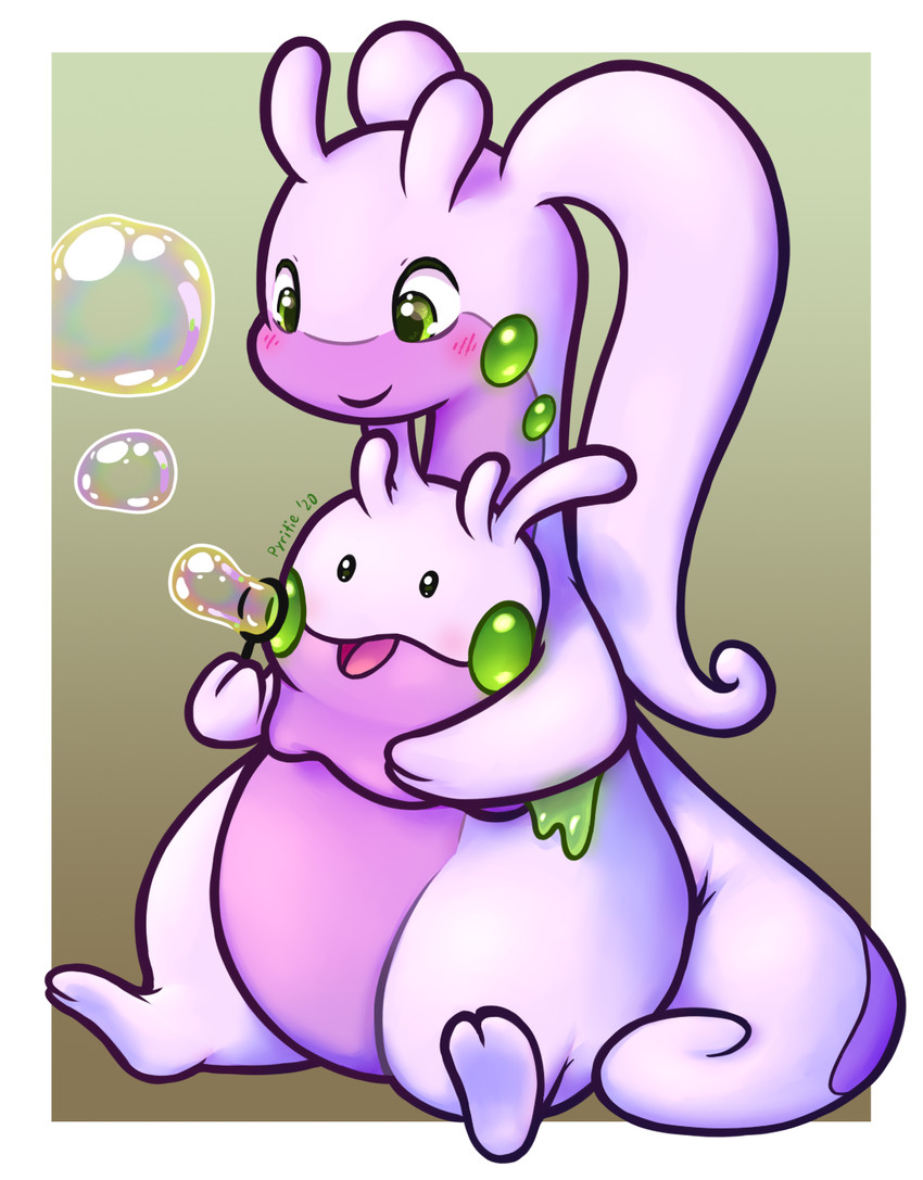 ambiguous_gender big_tail blowing_soap_bubbles blush bubble bubble_wand duo feral green_eyes nude purple_body simple_background slime smile soap_bubbles tail thick_tail thick_thighs pyritie mythology nintendo pokemon dragon generation_6_pokemon goodra goomy mythological_creature mythological_scalie pokemon_(species) scalie 2020 digital_media_(artwork) hi_res