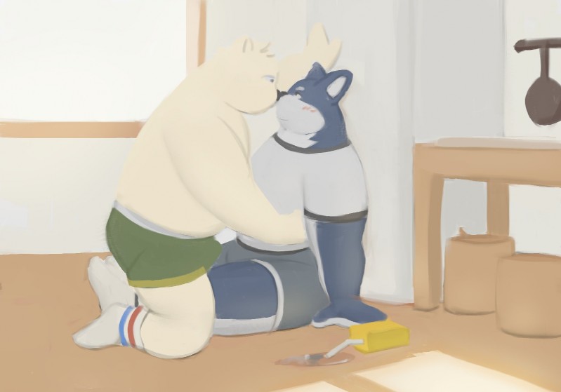 anthro anthro_on_anthro belly blush bulge butt clothing duo fur hug humanoid_hands male male/male shirt sitting slightly_chubby topwear underwear white_body white_fur neiiio bear canid canine canis domestic_dog mammal polar_bear ursine 2018