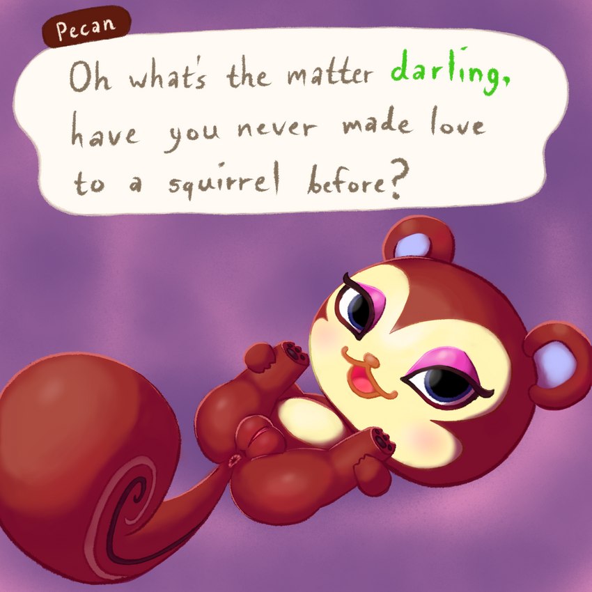 :3 abstract_background anthro anus butt chibi dialogue dialogue_box female genitals header header_box looking_at_viewer lying makeup nude on_back pawpads plump_labia presenting presenting_hindquarters presenting_pussy pussy solo text text_header simski animal_crossing nintendo pecan_(animal_crossing) mammal rodent sciurid tree_squirrel 1:1 english_text hi_res