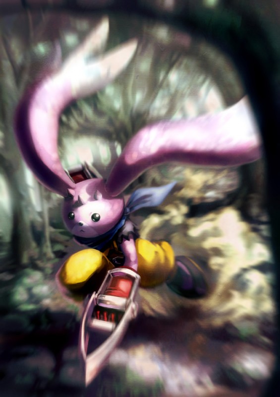 ambiguous_gender anthro biped black_eyes clothed clothing day detailed_background dual_wielding footwear forest fully_clothed fur gloves handwear holding_object holding_weapon horn kerchief long_ears outside pink_body pink_fur plant rock shoes solo tree weapon gouxiong bandai_namco digimon digimon_xros_wars digimon_(species) lagomorph mammal turuiemon hi_res