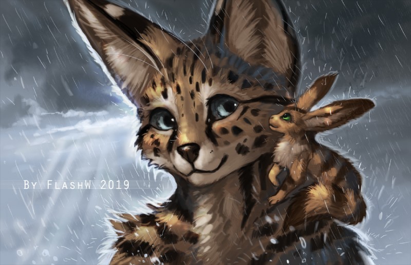 anthro blue_eyes day detailed_background duo feral fur green_eyes markings outside raining sky smile spots spotted_body spotted_fur flashw ghibli nausicaä_of_the_valley_of_the_wind teto_(ghibli) canid canine felid feline fox fox_squirrel_(ghibli) hybrid mammal rodent sciurid serval tree_squirrel 2019 digital_media_(artwork)