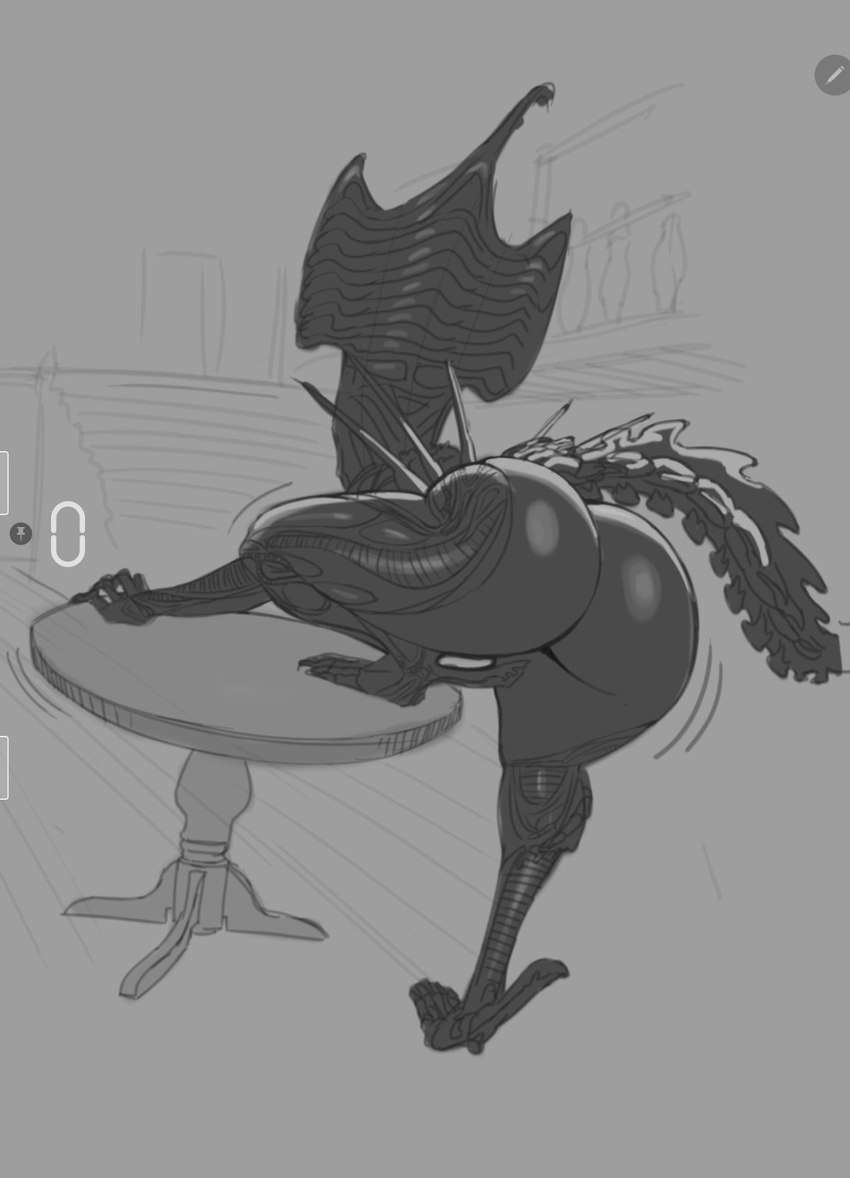 big_butt black_body butt female furniture genitals nude nude_female nude_humanoid rear_view simple_background solo spikes spikes_(anatomy) table thick_thighs wide_hips pankekes7 alien_(franchise) dead_by_daylight alien humanoid xenomorph xenomorph_queen 2023 digital_media_(artwork) hi_res