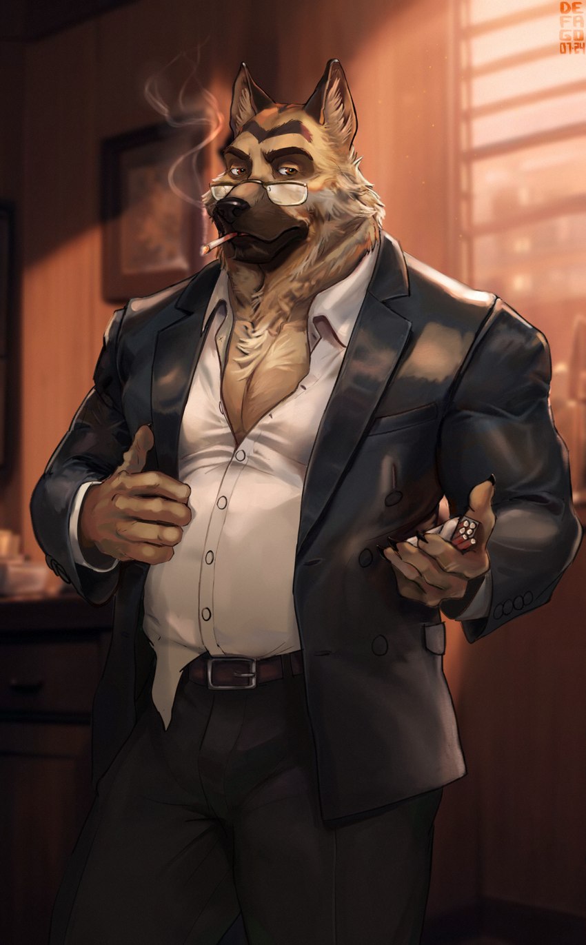 5_fingers anthro belt biped bottomwear cigarette clothing detailed_background eyewear fingers fur glasses inside male pants shirt smoking solo suit topwear unbuttoned_shirt defago blacksad chief_smirnov smirnov canid canine canis domestic_dog mammal digital_drawing_(artwork) digital_media_(artwork) hi_res