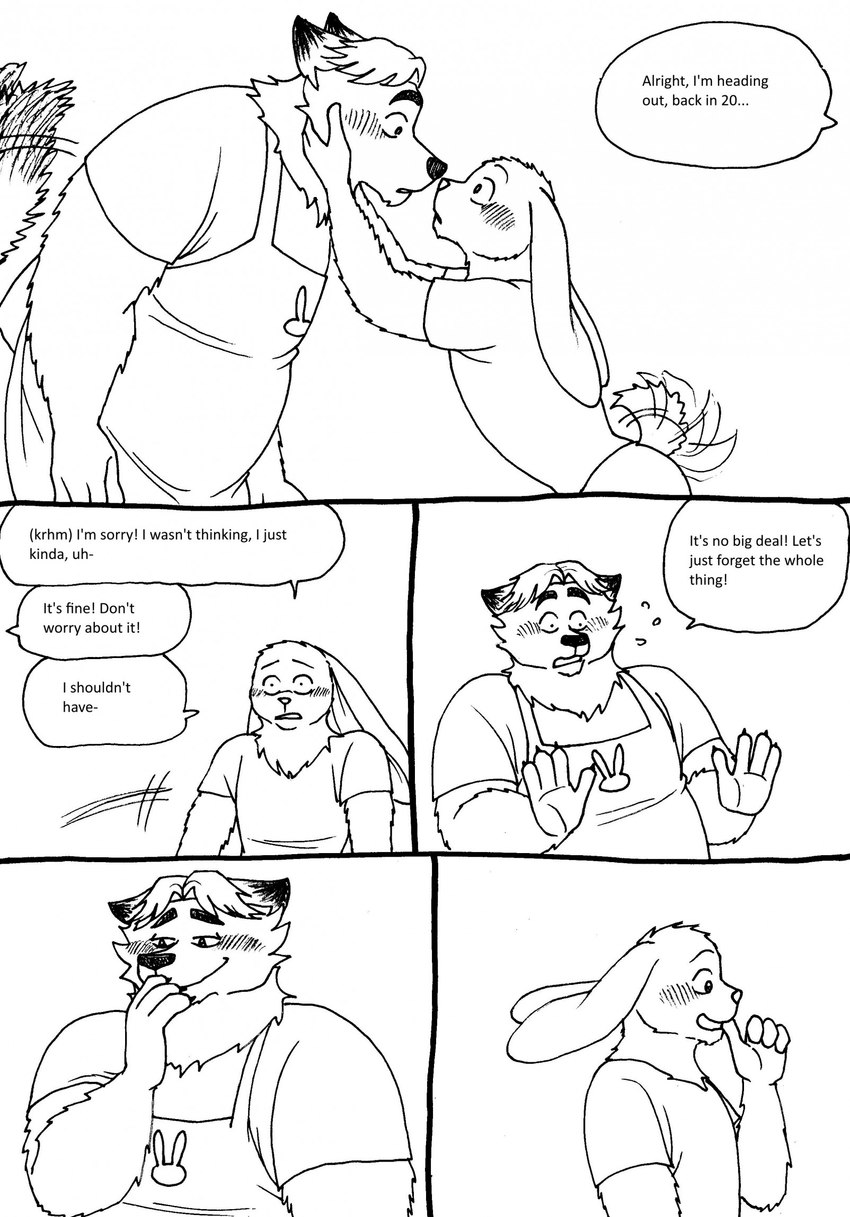 after_kiss anthro apron biped blush clothing dialogue duo embarrassed eye_contact humanoid_hands looking_at_another male male/male overweight overweight_male shirt surprise surprised_expression tail tail_motion tailwag text topwear bernielover disney zootopia fan_character gideon_grey nate_hopps canid canine fox lagomorph leporid mammal rabbit red_fox true_fox 2023 comic english_text hi_res monochrome