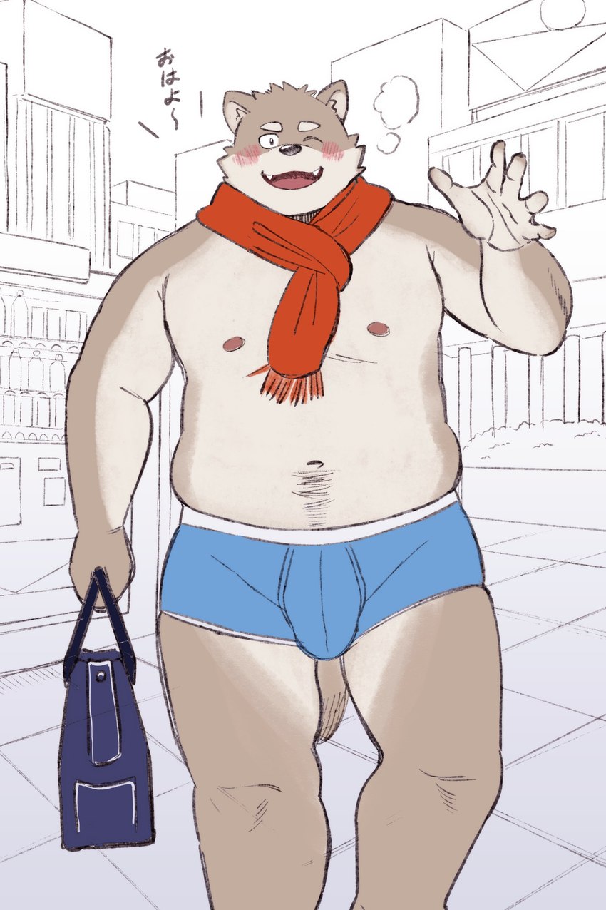 anthro brown_body bulge clothing detailed_background humanoid_hands kemono male navel nipples outside overweight overweight_male solo text underwear sv_grart canid canine canis domestic_dog mammal 2023 absurd_res hi_res japanese_text