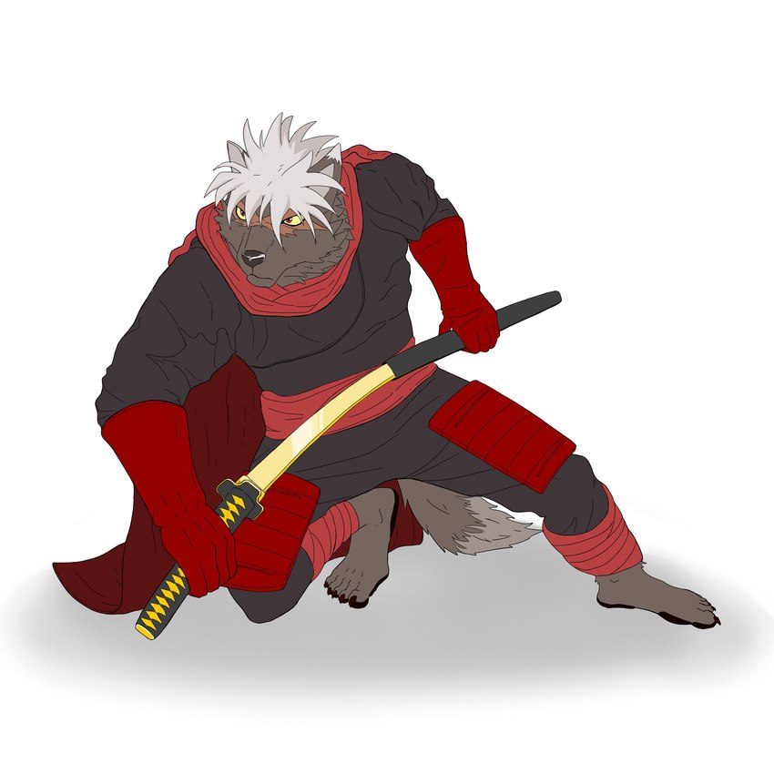 anthro black_body black_fur cape clothing cosplay fur hair katana male melee_weapon ninja sash solo sword unsheathing_weapon warrior weapon white_hair iroh_art cartoon_network lifewonders mao_mao:_heroes_of_pure_heart tokyo_afterschool_summoners tadatomo_(tas) canid canine canis domestic_dog mammal 1:1 absurd_res hi_res