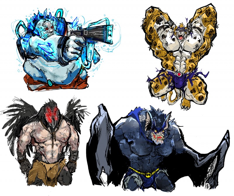 anthro clothing fur group ice male mask muscular red_eyes slightly_chubby spots torn_clothing white_body white_fur yellow_body yellow_eyes yellow_fur aokamidu batman_(series) batman_vs._teenage_mutant_ninja_turtles dc_comics bane_(dc) batman mr._freeze scarecrow_(dc) animal_humanoid avian bat bear bird corvid corvus_(genus) crow felid humanoid jaguar mammal oscine pantherine passerine polar_bear ursine hi_res