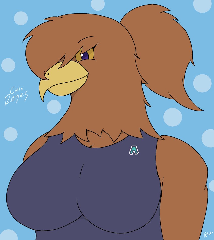 anthro beak big_breasts blue_background breasts brown_body brown_feathers clothed clothing dotted_background feathers female front_view looking_at_viewer mexican muscle_shirt non-mammal_breasts pattern_background purple_eyes shirt simple_background smile smiling_at_viewer solo topwear yellow_beak yellow_sclera tetz_(artist) cielo_reyes_(tetz) accipitrid accipitriform avian bird eagle golden_eagle true_eagle 2021 character_name digital_media_(artwork) half-length_portrait hi_res portrait signature