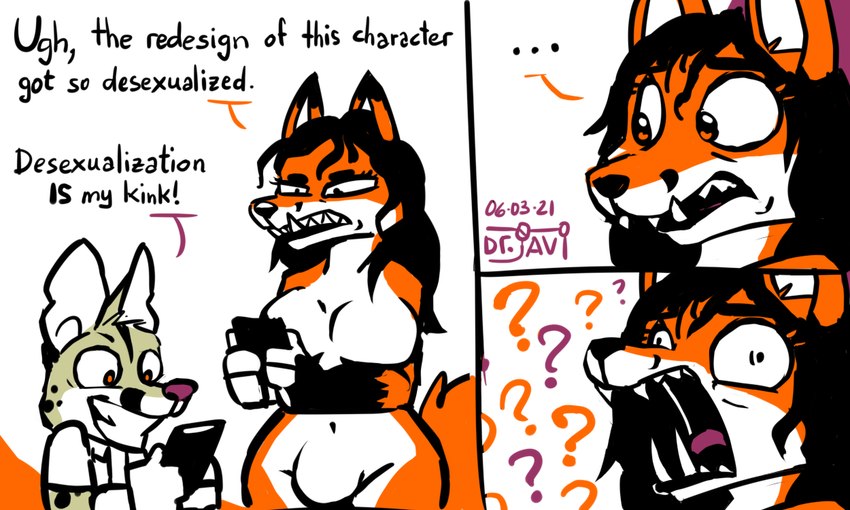 annoyed anthro breasts bulge cellphone confusion dialogue duo electronics featureless_breasts featureless_crotch female holding_object holding_phone humor male phone question_mark sharp_teeth simple_background smile teeth text tusks white_background drjavi canid canine fox genet mammal viverrid 2021 5:3 comic dated english_text signature andromorph_(lore) gynomorph_(lore)