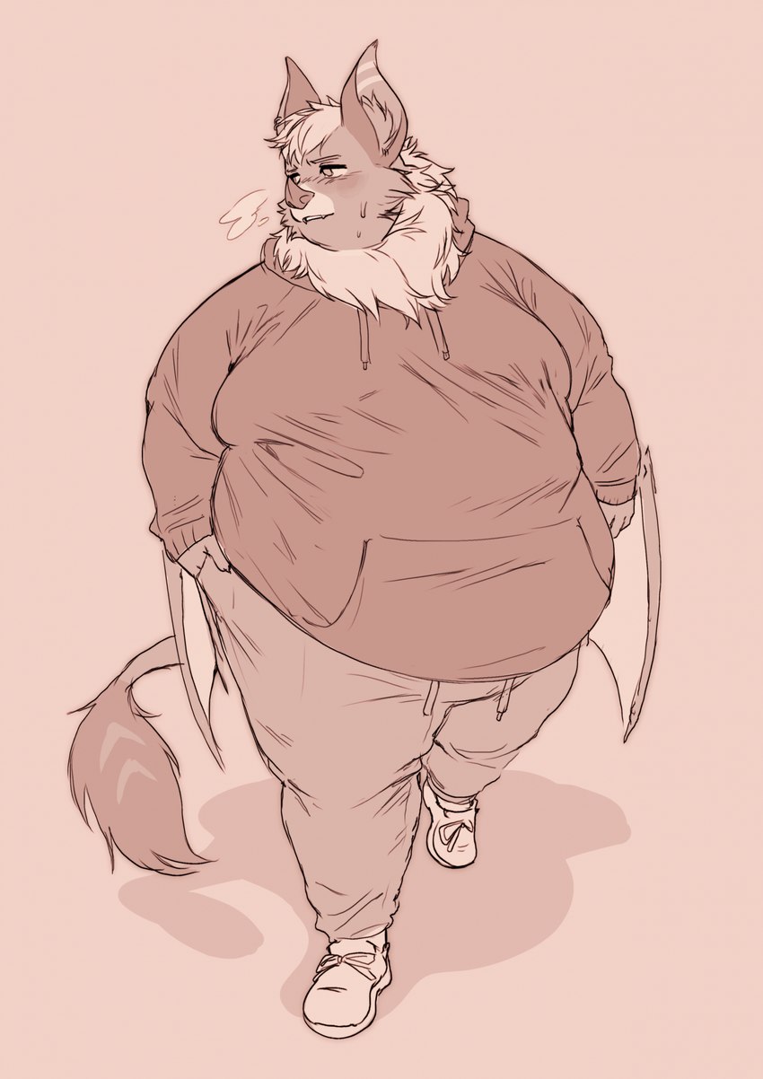 anthro bat_wings belly big_belly blush bodily_fluids bottomwear breath claws clothed clothing flustered fur hand_in_pocket hoodie looking_away male membrane_(anatomy) membranous_wings moobs obese obese_anthro obese_male overweight overweight_anthro overweight_male pants pockets ruff shy solo sweat sweatdrop sweatpants tail tail_tuft topwear tuft walking wings fattybread bat mammal hi_res