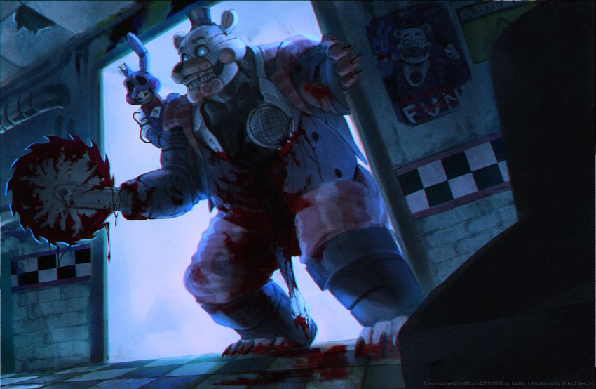 anthro blade_arm blood blood_on_arm blood_on_clothing blood_on_feet blood_on_weapon bodily_fluids buzzsaw checkered checkered_floor clothing detailed_background dismemberment excessive_blood glowing glowing_eyes gore machine male poster_(object) smile solo text weapon iamespecter five_nights_at_freddy's scottgames sister_location funtime_freddy_(fnafsl) puppet_bonnie_(fnafsl) animatronic bear mammal robot 2022 absurd_res colored digital_media_(artwork) english_text hi_res