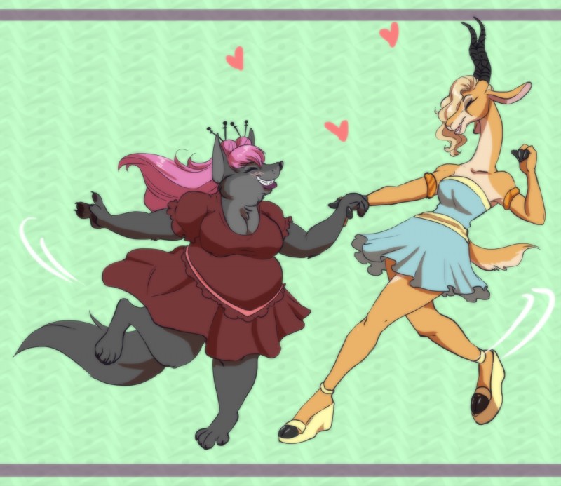 anthro barefoot blonde_hair blush breasts claws cleavage clothed clothing dancing duo eyes_closed feet female female/female footwear fur grey_body grey_fur hair hair_bun hand_holding heart_symbol interspecies male on_one_leg open_mouth open_smile overweight overweight_female pattern_background predator/prey shoes simple_background smile standing toe_claws myan_(artist) myanarts disney zootopia aurelina_canidae gazelle_(zootopia) antelope bovid canid canine canis gazelle grant's_gazelle mammal nanger true_antelope wolf 2016 hi_res