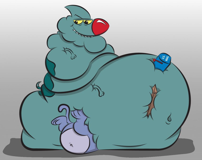 anthro belly big_belly big_nose double_chin duo fangs feral half-closed_eyes immobile mailbox male morbidly_obese morbidly_obese_feral morbidly_obese_male narrowed_eyes navel obese obese_feral obese_male overweight overweight_feral overweight_male sitting smile smirk stuck teeth dino.d.dice eek!_the_cat fox_kids nelvana eek_(character) sharky_(eek!_the_cat) canid canine canis domestic_cat domestic_dog felid feline felis fish hybrid mammal marine shark 2012