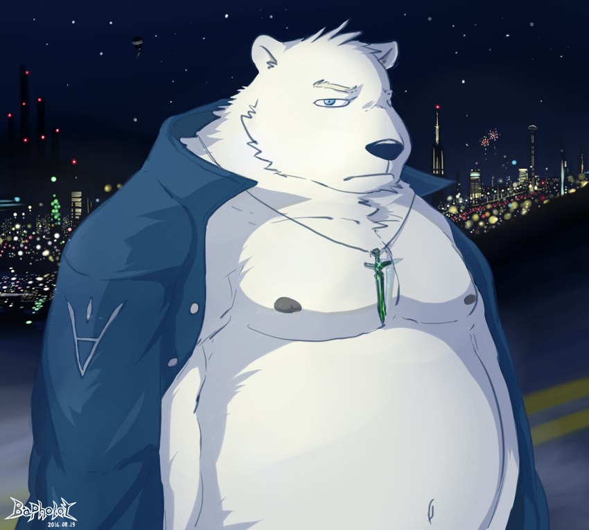 anthro belly big_belly black_nose blue_eyes fur kemono male moobs night nipples outside overweight overweight_male solo white_body white_fur mtflying30371 bear mammal polar_bear ursine 2016