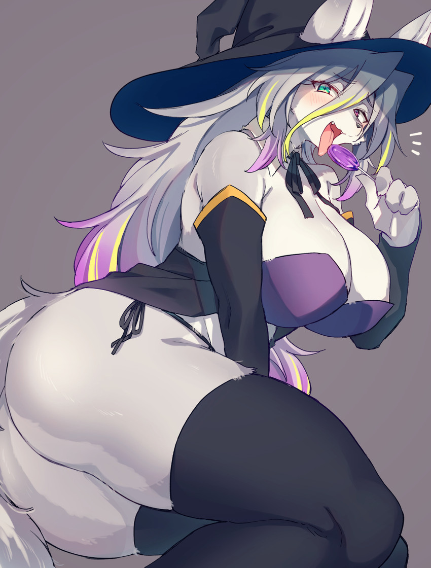 anthro armwear belly big_breasts big_butt blonde_hair blush breasts butt candy cheek_tuft cleavage clothed clothing countershading curvy_figure cute_fangs dessert detached_sleeves facial_tuft fangs female female_anthro food fur grey_background grey_body grey_fur grey_hair hair hat headgear headwear heterochromia kemono legwear lollipop low-angle_view lying multicolored_hair on_side purple_hair shirt_collar simple_background smile solo squish teeth thick_thighs thigh_highs thigh_squish thong tongue tongue_out tuft underwear voluptuous white_belly white_body white_countershading white_fur witch_hat sgsix canid canine mammal hi_res