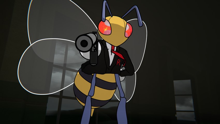 ambiguous_gender antennae_(anatomy) bottomless clothed clothing cloud cloudy_sky feral fire_in_eyes gun handgun holding_gun holding_object holding_ranged_weapon holding_weapon insect_wings m1911 necktie pistol pointing_gun pointing_gun_at_viewer ranged_weapon red_eyes sky solo stinger suit topwear weapon window wings aquinas_audax blender_cycles dorkly nintendo pokemon pokemon_rusty team_rocket pikachu_the_beedrill_(pokemon_rusty) arthropod beedrill generation_1_pokemon insect pokemon_(species) 16:9 3d_(artwork) 4k absurd_res digital_media_(artwork) hi_res widescreen male_(lore)