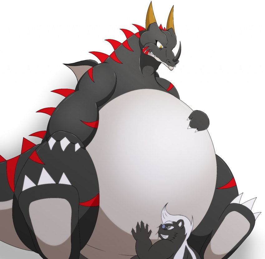 2_horns anthro back_spikes belly big_belly claws duo extreme_size_difference feet horn huge_belly male male/male obese obese_anthro obese_male overweight overweight_anthro overweight_male size_difference spikes spikes_(anatomy) fard mythology ray_rhythmus dragon mammal mephitid mythological_creature mythological_scalie scalie skunk hi_res