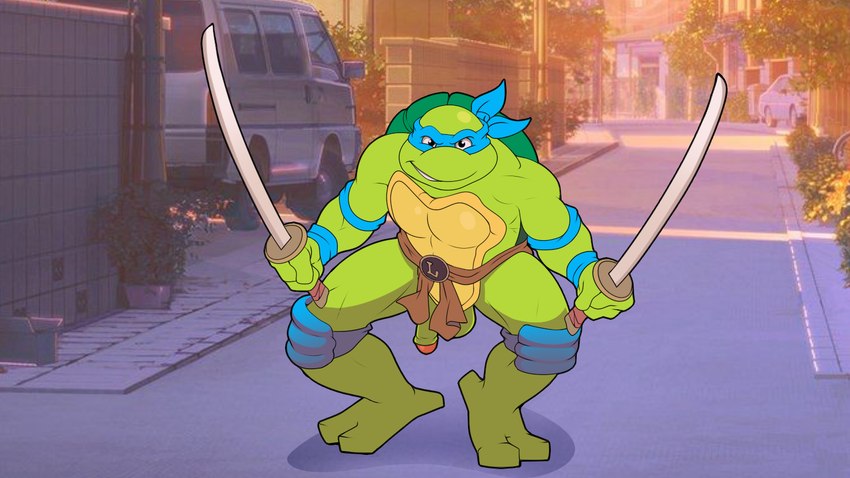 anthro balls flaccid foreskin genitals humanoid_genitalia humanoid_penis male melee_weapon partially_retracted_foreskin penis public solo sword weapon enookie teenage_mutant_ninja_turtles teenage_mutant_ninja_turtles_(1987) leonardo_(tmnt) reptile scalie turtle traced young_(lore)