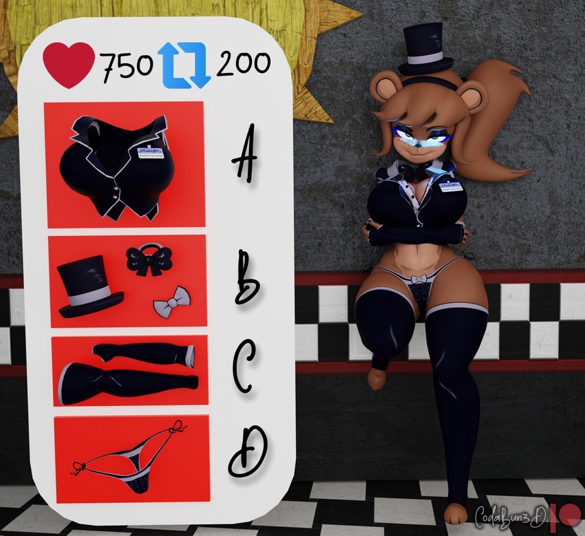 anthro blue_eyes clothed clothing female glowing glowing_eyes hat headgear headwear legwear machine name_tag panties skimpy solo thick_thighs thigh_highs top_hat underwear codabun five_nights_at_freddy's fredina's_nightclub scottgames freddy_(fnaf) fredina_(cally3d) animatronic bear mammal robot 3d_(artwork) digital_media_(artwork)