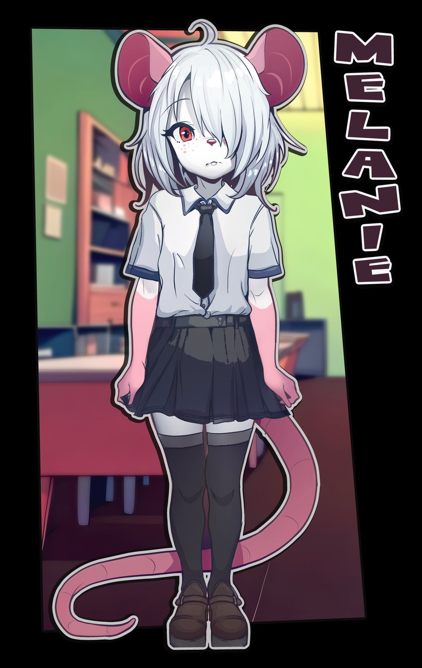 anthro biped bottomwear clothed clothing female fingers hair hair_over_eye necktie skirt solo tail white_hair young young_anthro young_female sicmop melanie_(croctalk101) mammal mouse murid murine rodent alpha_channel hi_res