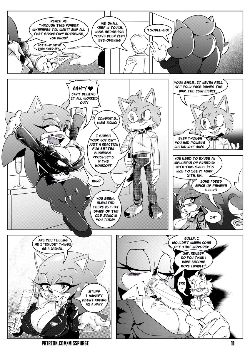 anthro big_breasts breasts cleavage clothed clothing crossgender dialogue drinking female male mtf_crossgender text missphase sega sonic_the_hedgehog_(series) sonic_the_hedgehog eulipotyphlan hedgehog mammal absurd_res comic english_text hi_res monochrome